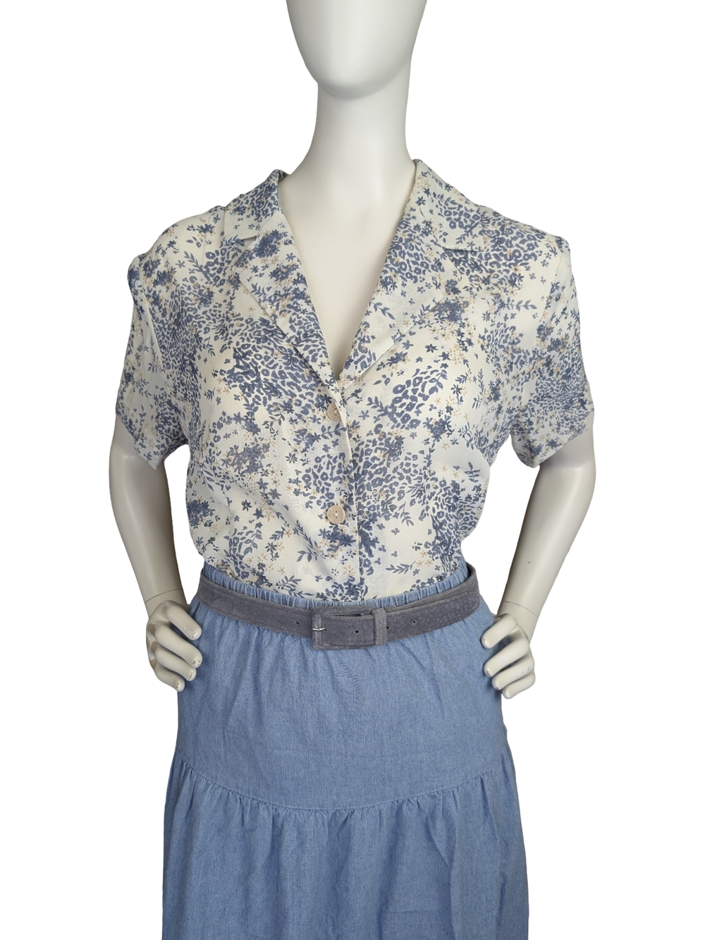 Vintage Laura Blue Cream Floral Blouse Romantic Feminine Coastal Boho Size 12